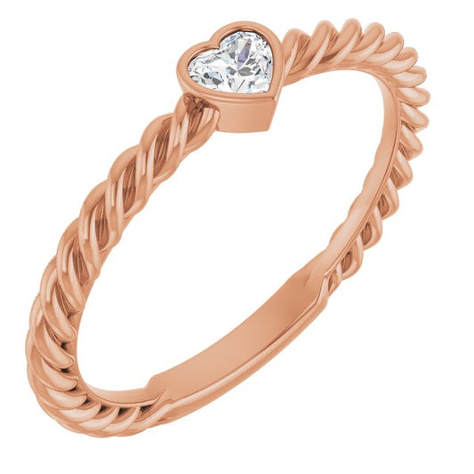14K Yellor Or White Or Rose Gold Or Sterling Silver Heart 3.5 X 3.2 Mm Polished 1/6 Ct Natural Diamond Bezel-Set Stackable Rope Ring, Size 7