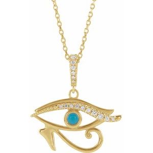 14K Yellow Gold Round 3Mm G-H I1 Natural Turquoise And .08 Ctw Natural Diamond Eye Of Horus Necklace, Length: 18 In