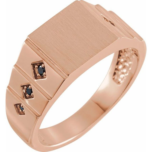 14K Rose Gold Round Polished .08 Ctw Natural Black Diamond Signet Ring, Size 11