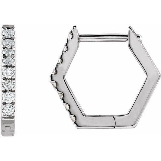 14K White Or Yellow Gold 10.5 X 1.5 Mm Pair Hinged Polished 1/8 Ctw Natural Diamond Geometric Hoop Earrings