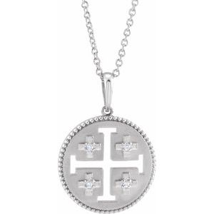 14K White Gold Round 1.1Mm G-H I1 .025 Ctw Natural Diamond Jerusalem Cross Necklace, Length: 18 In