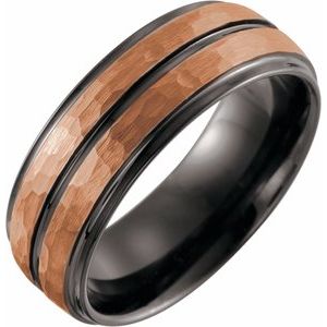 18K Rose Gold PVD & Black PVD Tungsten 8 mm Stepped-Edge Grooved Comfort-Fit Flat Band Size 9.5