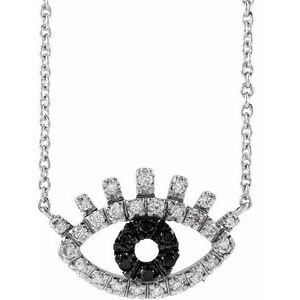 14K White Gold 12 X 8.8 Mm 18 In Polished 1/8 Ctw Black And White Natural Diamond Evil Eye Necklace