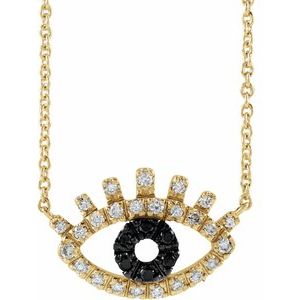 14K Yellow Gold 12 X 8.8 Mm 18 In Polished 1/8 Ctw Black And White Natural Diamond Evil Eye Necklace