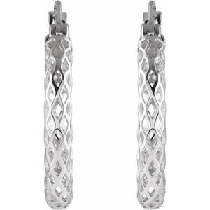 14K White Gold 21 X 2.5 Mm Pair Catch Polished Diamond-Cut Hoop Earrings