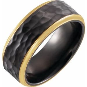 18K Yellow Gold PVD Black Titanium 8 mm Flat Band with Hammer Finish