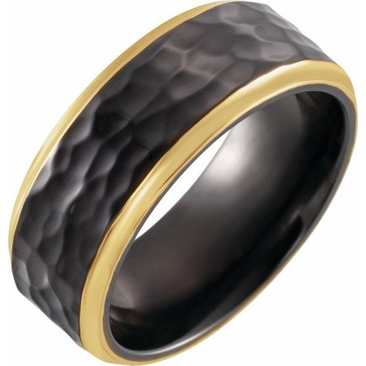 18K Yellow Gold PVD Black Titanium 8 Mm Polished Comfort-Fit Flat Band With Hammer Finish Size 8.5
