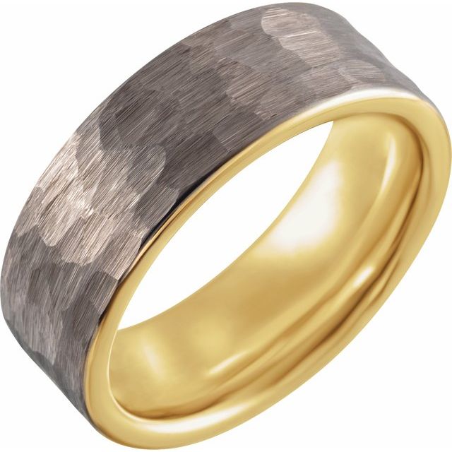 Tungsten And 18K Yellow Or Rose Gold Pvd Polished Comfort-Fit Flat Band With Hammer Finish
