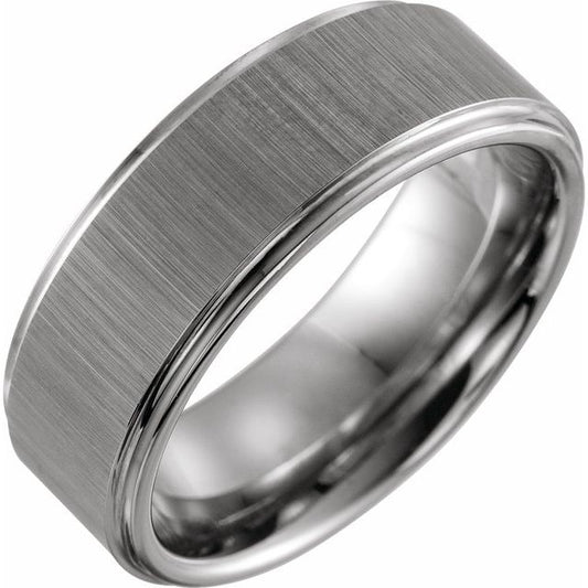 Tungsten 8 Mm Polished Stepped-Edge Comfort-Fit Flat Band With Stone Finish