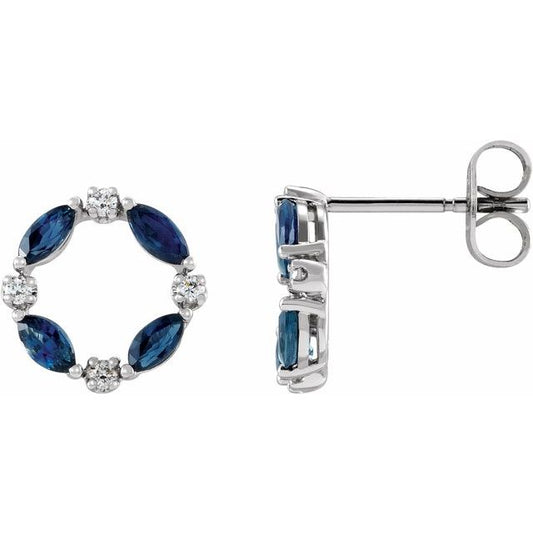 14K White Or Yellow Gold Marquise 4 X 2 Mm Friction Back Polished Natural Blue Sapphire And 1/10 Ctw Natural Diamond Earrings