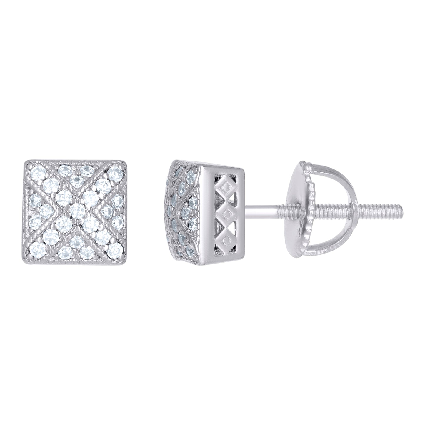 Sterling Silver Or Yellow-Tone Unisex Cubic-Zirconia Square Fashion Stud Earrings