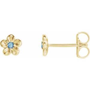 14K Yellow Gold Round Shape 1.5 Mm March Youth Imitation Birthstone Flower 4-Prong Earrings With Backs