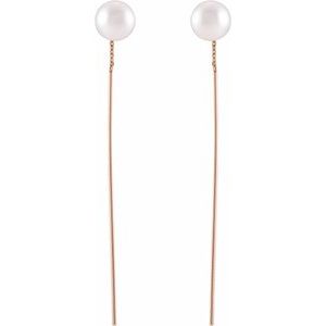 14K Rose Gold 59 X 1 Mm Pair Backless Polished Cultured White Freshwater Pearl Threader Earrings