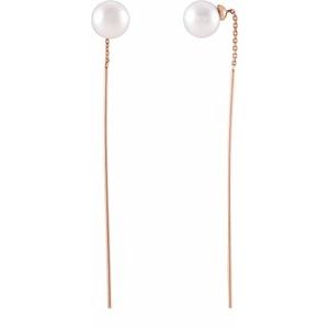 14K Rose Gold 59 X 1 Mm Pair Backless Polished Cultured White Freshwater Pearl Threader Earrings