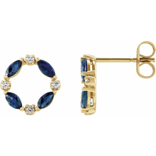 14K White Or Yellow Gold Marquise 4 X 2 Mm Friction Back Polished Natural Blue Sapphire And 1/10 Ctw Natural Diamond Earrings