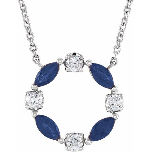 14K White Gold Marquise 4 X 2Mm I1, H-I 18 In Polished Natural Blue Sapphire And 1/10 Ctw Natural Diamond Necklace
