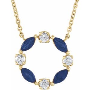 14K Yellow Gold Round 3Mm H-I I1 Natural Blue Sapphire And 1/10 Ctw Natural Diamond Necklace, Length: 18 In