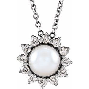 14K White Gold Pearl 5.5Mm G-H I1 Cultured White Akoya Pearl And 1/6 Ctw Natural Diamond Necklace, Length: 18 In