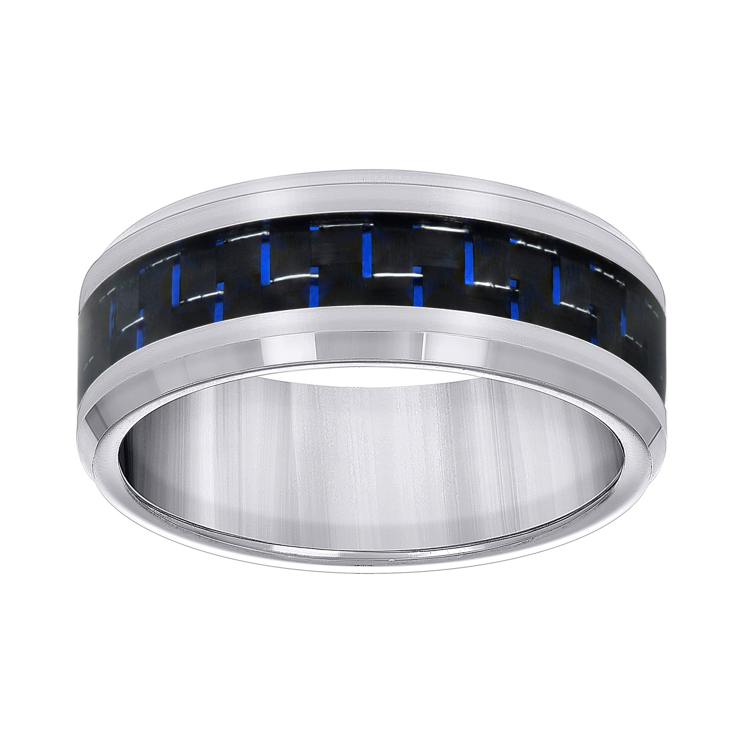 Tungsten Blue Carbon Fiber Inlay Polished Beveled Edges Comfort-fit 8mm Sizes 7 - 14 Bridal Anniversary Engagement Wedding Band