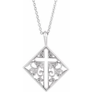 14K White Gold 23.39 X 18 Mm 16-18 In Polished Ornate Pierced Cross Necklace