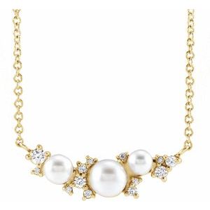 14K Yellow Gold Pearl 4.5Mm G-H I1 Cultured White Akoya Pearl And .08 Ctw Natural Diamond Necklace Center, Length: 16 In