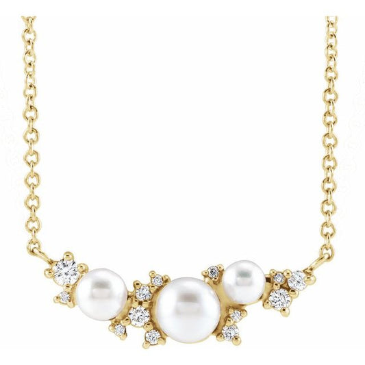 14K Yellow Gold 4.5Mm I1, G-H 18 In Polished Cultured White Akoya Pearl And .08 Ctw Natural Diamond Necklace Center