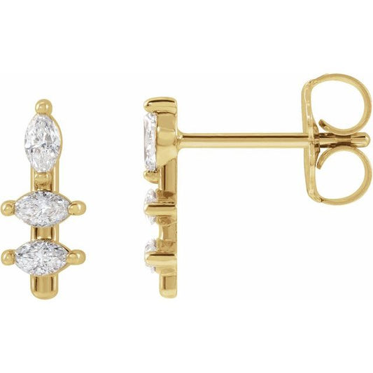 14K Yellow Gold Marquise 3 X 1.5 Mm Friction Polished 1/5 Ctw Natural Diamond Bar Earrings