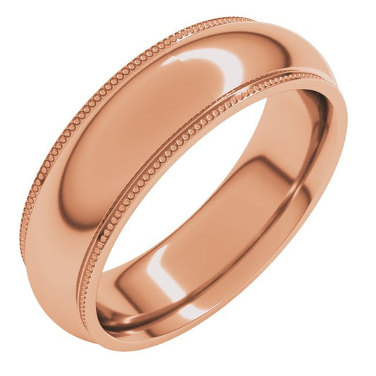 18K Yellow Or Rose Gold Standard Weight Milgrain Half Round Comfort Fit With Edge Band