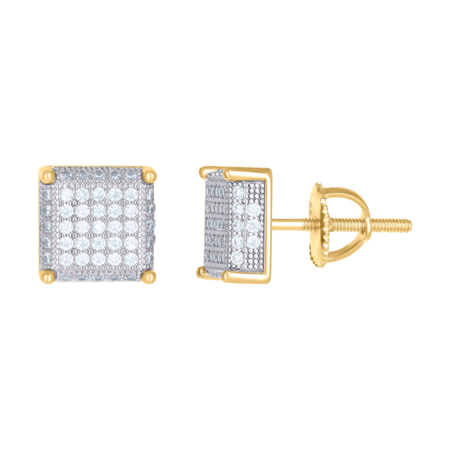 Sterling Silver Or Yellow-Tone Unisex Cubic-Zirconia Square Fashion Stud Earrings