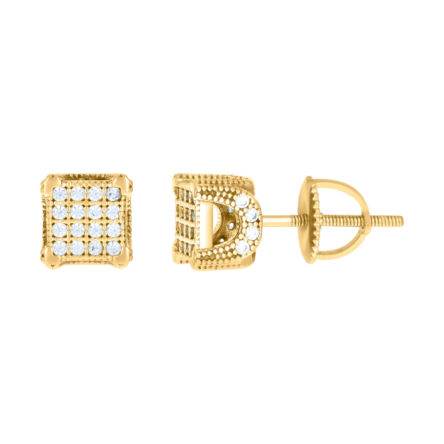 Sterling Silver Or Yellow-Tone Unisex Cubic-Zirconia Square Fashion Stud Earrings