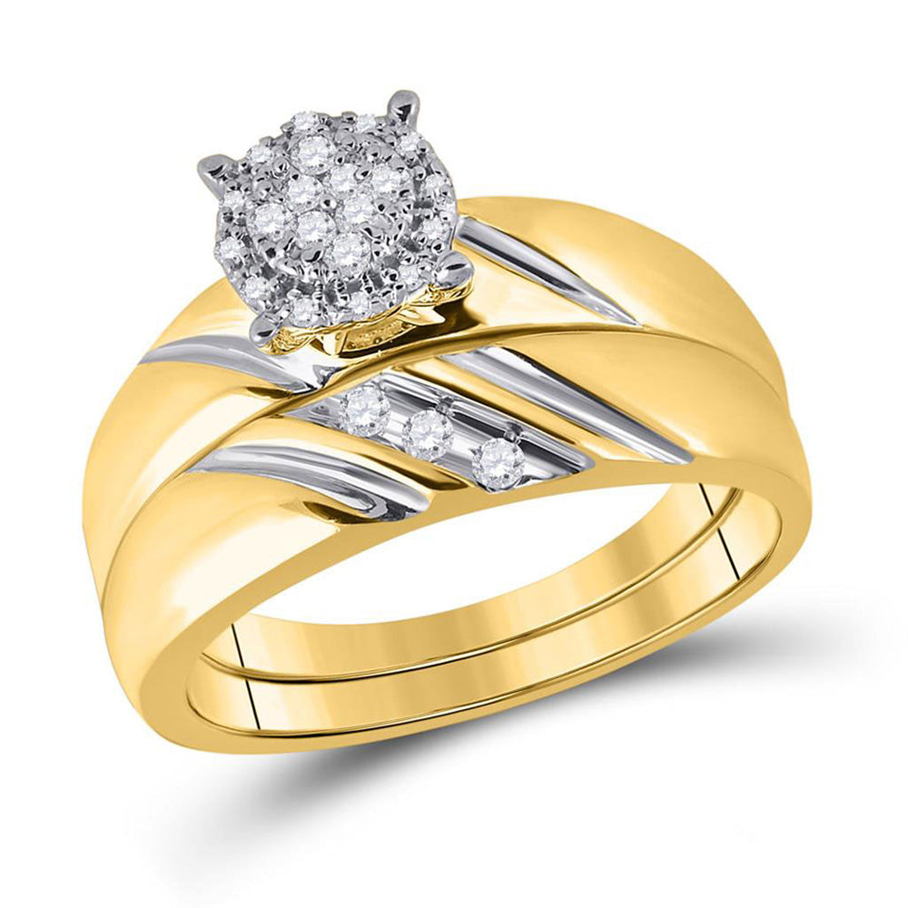 10K Yellow Gold His Hers Round Diamond Cluster Matching Wedding Set 1/5 Cttw, Womens Size: 5-10, Mens Size: 7-13
