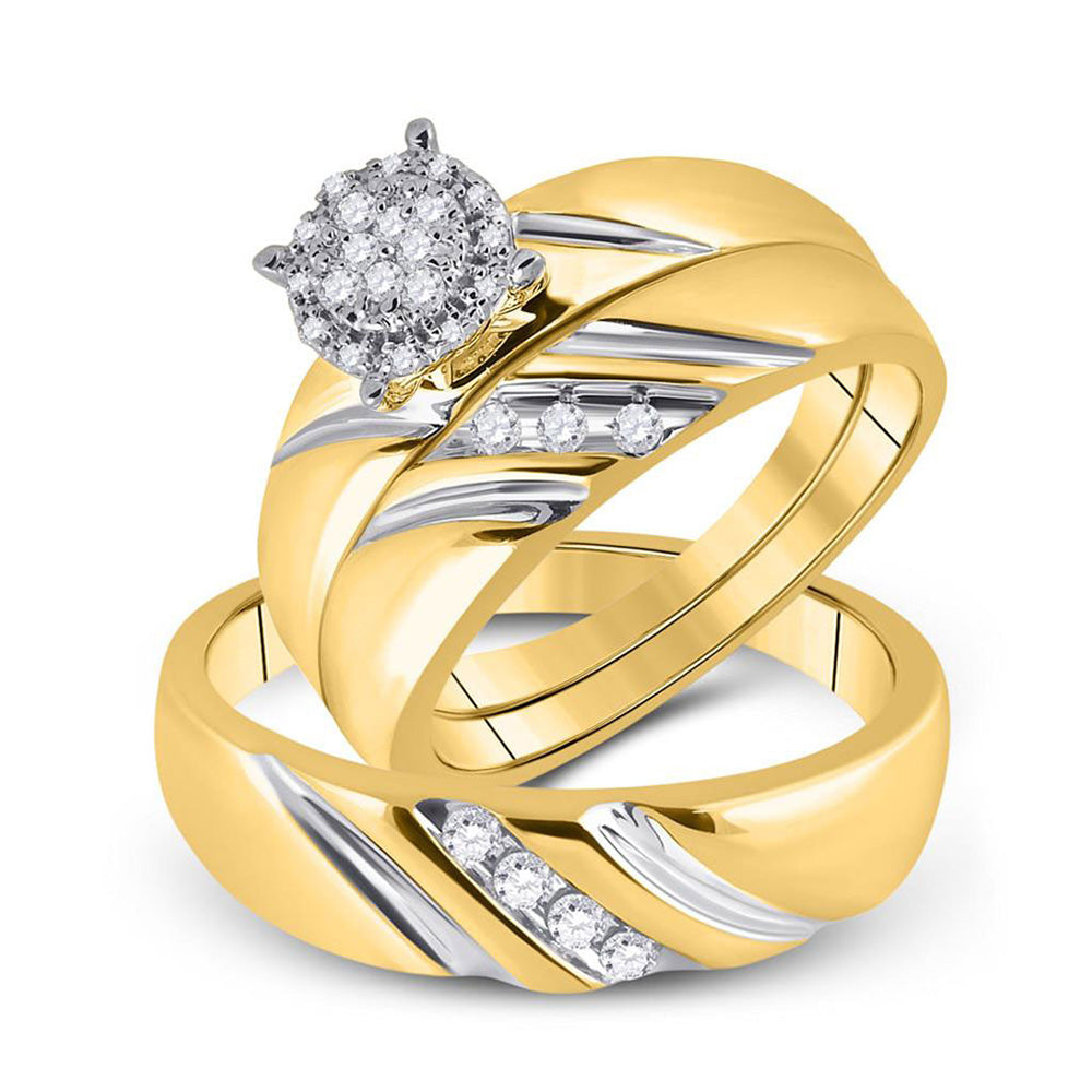 10K Yellow Gold His Hers Round Diamond Cluster Matching Wedding Set 1/5 Cttw, Womens Size: 5-10, Mens Size: 7-13