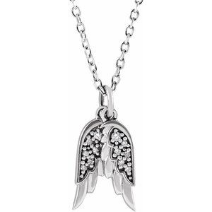 14K White Gold 12.27 X 3.74 Mm 16-18 In Polished .03 Ctw Natural Diamond Angel Wings Necklace