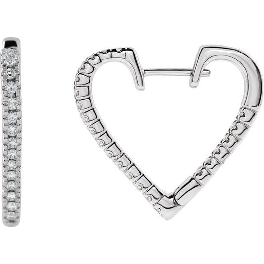 14K White Or Rose Gold 23 X 2.3 Mm Pair Hinged Polished 5/8 Ctw Natural Diamond Inside-Outside Heart Earrings