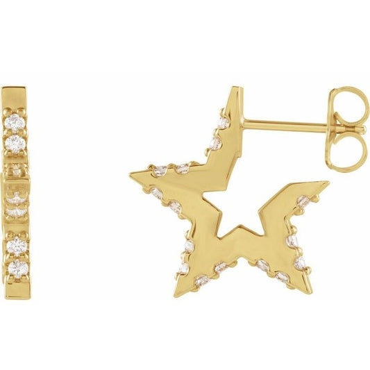 14K Yellow Gold 1.5 Mm Round Friction Back Polished 3/8 Ctw Natural Diamond Star Hoop Earrings