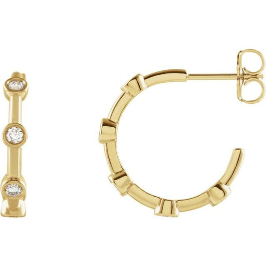 14K Yellow Gold 2 Mm Round Friction Back Polished 1/4 Ctw Natural Diamond Bezel-Set Hoop Earrings