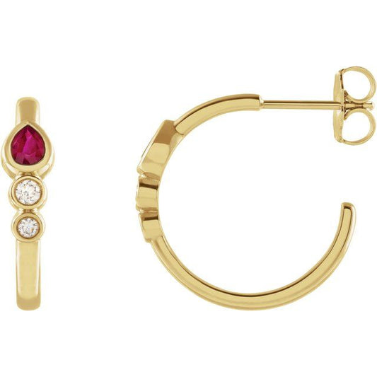 14K Yellow Gold Pear 4 X 3 Mm Friction Backs Polished Natural Ruby And 1/10 Ctw Natural Diamond Bezel-Set Hoop Earrings