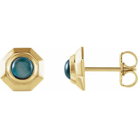 14K Yellow Gold 4 Mm Round Friction Back Polished Natural London Blue Topaz Cabochon Stud Earrings
