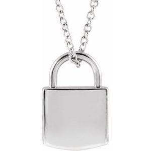 14K White Gold 12.02 X 8 Mm 16-18 In Polished Engravable Lock Necklace