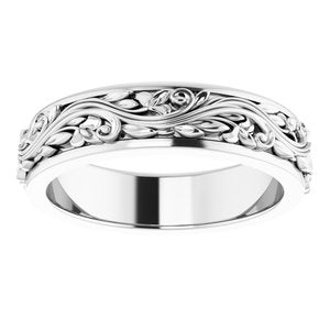 10K X1 White Gold Or Sterling Silver Or Platinum Floral Inlay Flat Band