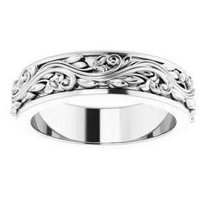 18K Yellow Or White Or Rose Gold Floral Inlay Flat Band
