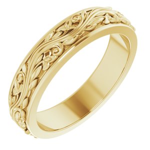 18K Yellow Or White Or Rose Gold Floral Inlay Flat Band