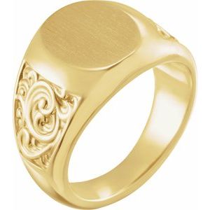 14K Yellow Gold 14 X 12 Mm Brush Polished Mens Scroll Signet Ring Size 10