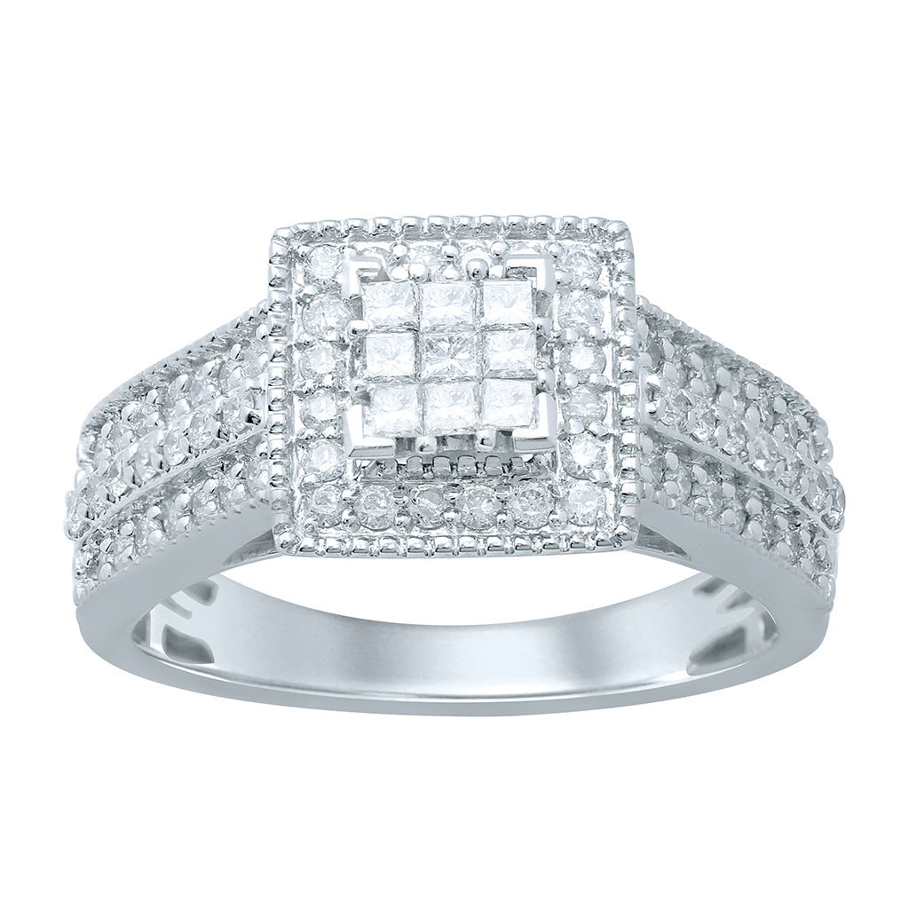 14K White Gold 0.72 Cttw Princess & Round Diamond Ladies Ring