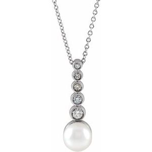 14K White Gold Pearl 6.5Mm G-H I1 Cultured White Akoya Pearl And 1/8 Ctw Natural Diamond Bar Necklace, Length: 18 In