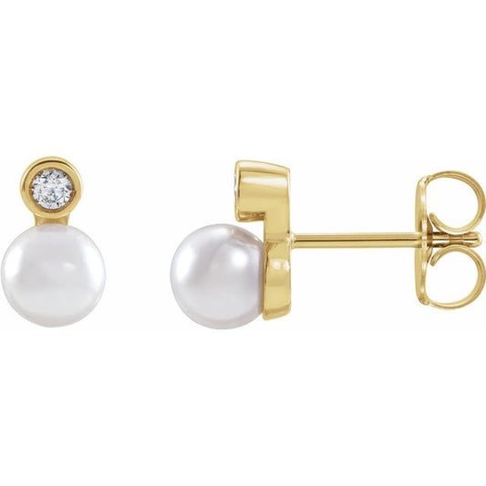14K Yellow Gold 6 Mm Friction Backs Polished Cultured White Akoya Pearl And 1/8 Ctw Natural Diamond Bezel-Set Earrings