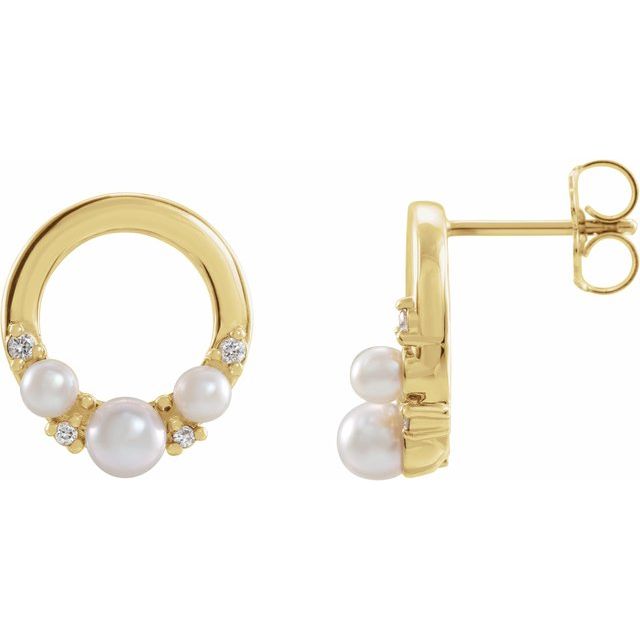 14K Yellow Gold 3.5 Mm Friction Backs Polished Cultured White Seed Pearl And .06 Ctw Natural Diamond Circle Earrings