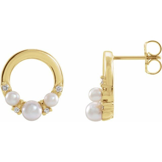 14K Yellow Gold 3.5 Mm Friction Backs Polished Cultured White Seed Pearl And .06 Ctw Natural Diamond Circle Earrings