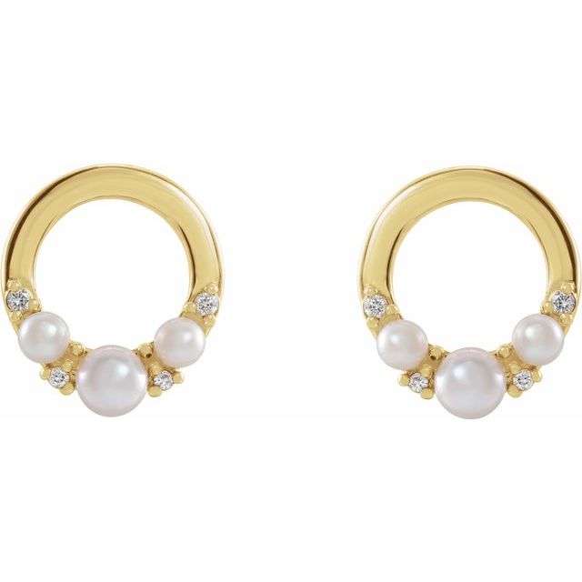 14K Yellow Gold 3.5 Mm Friction Backs Polished Cultured White Seed Pearl And .06 Ctw Natural Diamond Circle Earrings