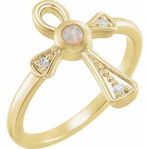 14K Yellow Gold Round 3 Mm Natural Ethiopian Opal And .04 Ctw Natural Diamond Ankh Cross Ring Size 7